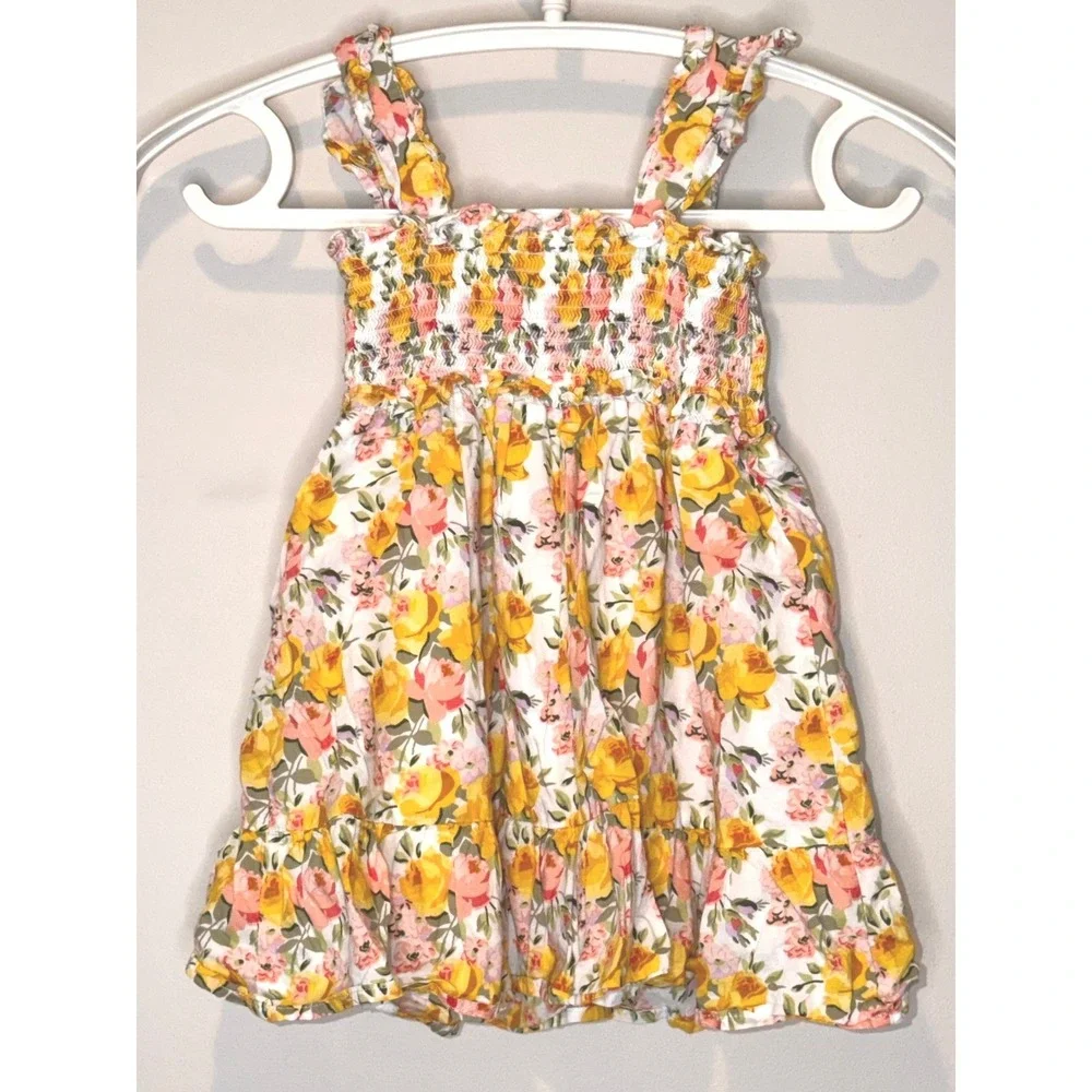Janie and Jack Girls Floral Smocked Dress Yellow Pink‎ White Ruffle Toddler